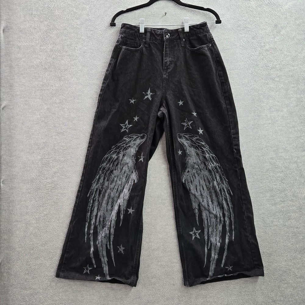 Hot Topic Women Pants 3 Black Denim Wide-Leg Stars Angel Grunge Skater Y2K